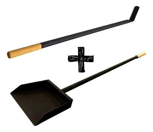 Kit Parrilla Pala Y Atizador Reforzados Mango Madera 73 Cm
